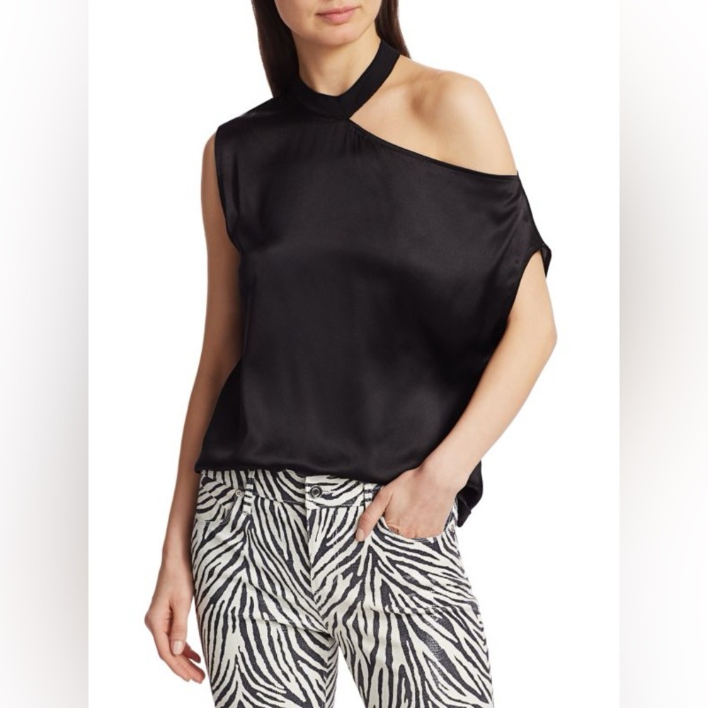 RtA Axel Silk Cut Out One Shoulder Top, Black, Size M